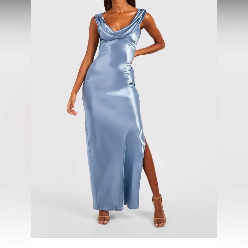 Boohoo Satin Maxi Dress in Light Blue